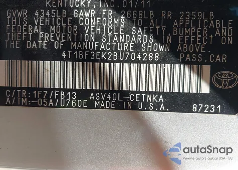 2011 Toyota Camry Le из США, поврежденный, VIN 4T1BF3EK2BU704288